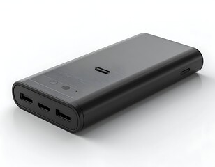 Black rectangular portable charging device with ports, top button, and glossy finish
