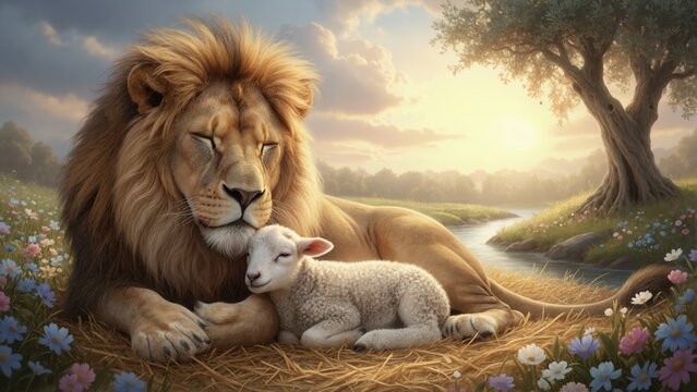 Sleeping lamb protected by lion on grassy hill. Divine light rays and biblical peace concept. Trust and harmony between animals