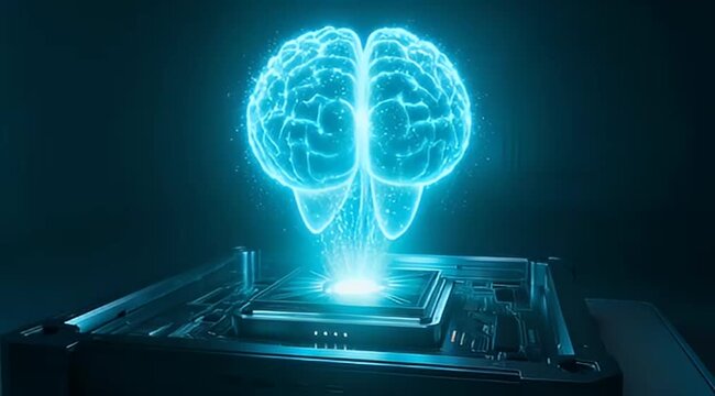 Futuristic artificial intelligence brain emanating from a modern computer processor unit
