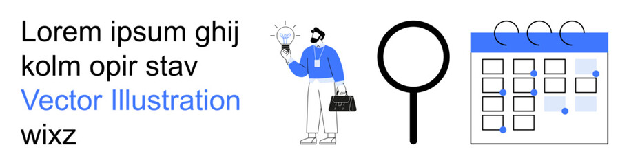 Business strategy, idea generation, productivity, time management, scheduling, creative solutions. Person holding a lightbulb, magnifying glass and calendar. Idea generation and time management © robu_s