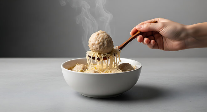 Steaming Hot Meatball Soup with Noodles and Broth.