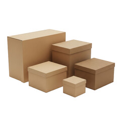 Collection of brown cardboard boxes of various sizes isolated on transparent background