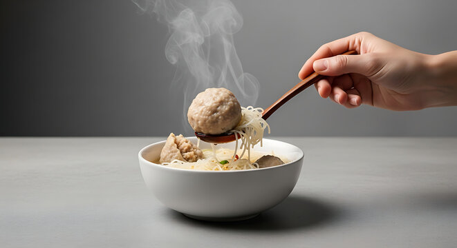 Steaming Hot Meatball Soup with Noodles and Herbs.