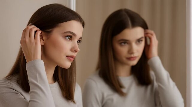 Young woman admiring herself in the mirror with a contemplative expression