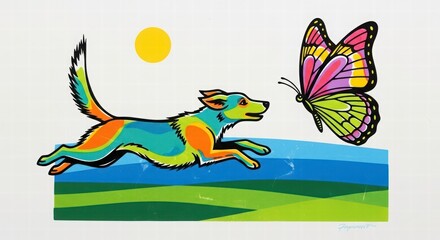 Obraz premium Dog and Butterfly: An artistic representation of a playful dog joyfully chasing after a vibrant butterfly, set against a cheerful backdrop of sun and grass.