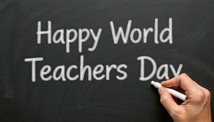 Fototapeta premium Happy World Teachers Day: A hand delicately crafts a heartfelt message on a blackboard, inscribed with wishes for Happy World Teachers Day
