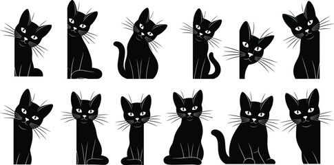 Black cat silhouettes collection, cute feline icons, spooky animal figures, halloween decoration, whiskered pet shapes, isolated vector illustration design © Hamida