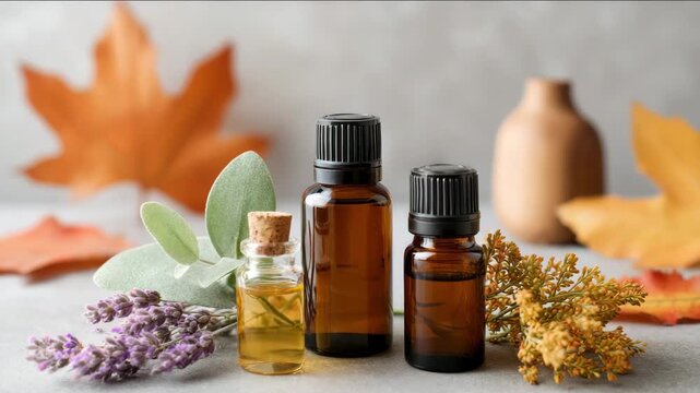 Aromatherapy oil bottles with autumn leaves and herbs on table background. concept of wellness and aromatherapy