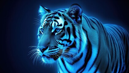 Obraz premium Azure Hunter: A regal tiger, radiating a mystical aura of celestial blue against a dark, dramatic background.
