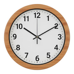 Realistic wooden framed analog wall clock showing 2 o'clock isolated on transparent background