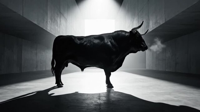 Cinematic Monochrome Shot of Toro Snorting Steam in Dark Industrial Corridor - Power and Aggression Symbol.