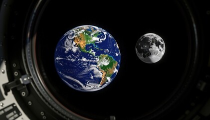 Fototapeta premium Earth and Moon view from space station: A breathtaking view of planet Earth and the Moon, captured from the unique vantage point of a space station, showcasing the beauty and vastness of our universe.