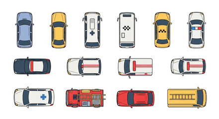 Top view of various city cars, ambulances, fire trucks, and taxis on a white background. © Budi