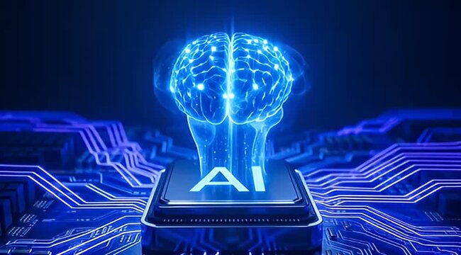 futuristic representation of artificial intelligence with brain and circuit board design