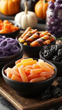 Colorful fruit jelly candy cubes in glass bowls on autumn-themed wooden table. Candy sorted by Halloween colors - bowls of orange taffy, black licorice, and purple gummies