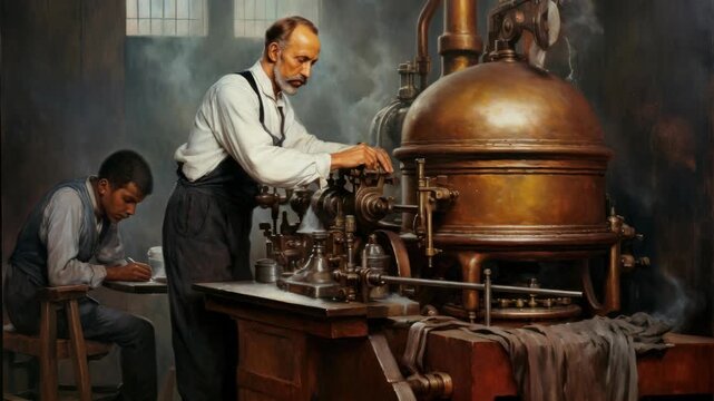 Vintage-style video still of two men working in an old brewery. Captured from a side angle, highlighting the machinery and period attire. Live desktop wallpaper.