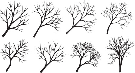 Collection of bare tree silhouettes on white background illustration