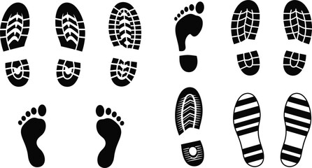 Footprint and shoe sole print icon set black silhouettes for tracking walking trail footwear pattern vector design © pappa