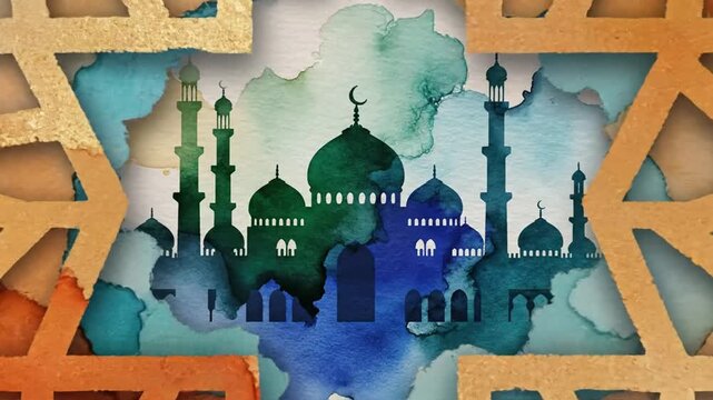 Watercolor mosque silhouette with geometric shapes in a colorful, layered papercut style