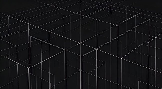 Abstract geometric pattern of thin white lines forming cubes on dark background
