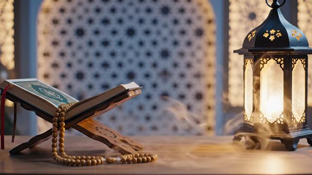 Holy Quran book with rosary beads and Ramadan lantern in Islamic setting