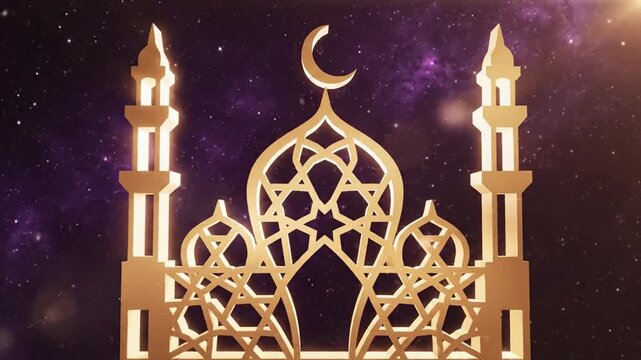 Elegant golden mosque silhouette set against a mesmerizing starry, cosmic background
