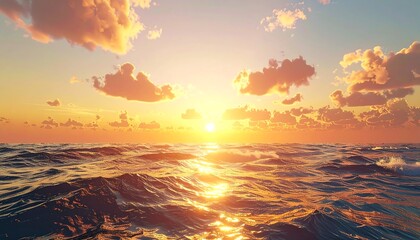 Obraz premium A stunning golden sunset over the tranquil ocean, with warm light reflecting on gentle waves and soft clouds, creating a peaceful and inspiring natural vista