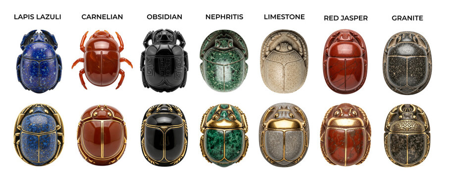 Collection of scarabs made from different gemstones carved simply and with gold accents, isolated on a transparent background