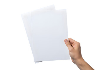 Hand Holding Two Blank A4 White Paper Sheets Mockup Isolated on White or Transparent Background