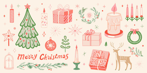 Festive christmas illustrations with trees gifts candles and reindeer © Dipu