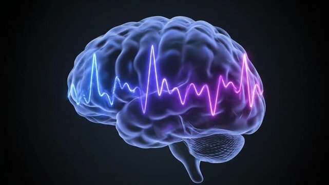 Neuroscience motion graphics illustration of a brain with electrical activity signals, showcasing cognitive function in a digital environment