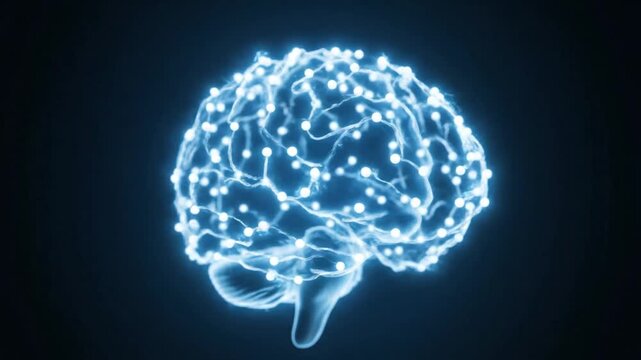 Neuroscience motion graphics illustrating a glowing blue brain with neural connections, showcasing cognitive function and mental processing in a futuristic visual representation