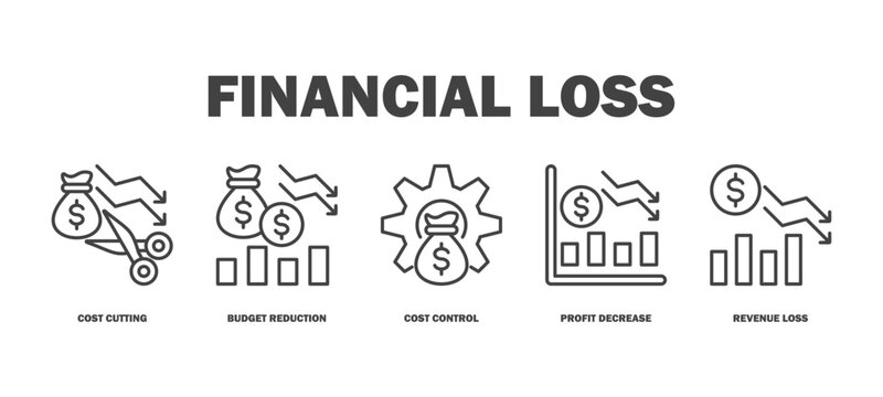 financial loss banner web icon vector illustration featuring icons of cost cutting, budget reduction, cost control, profit decrease, revenue loss.