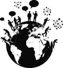Business People Standing on Globe with Speech Bubbles