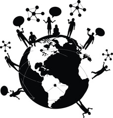 Black Silhouette Globe with Diverse People and Molecular Structures on White Background