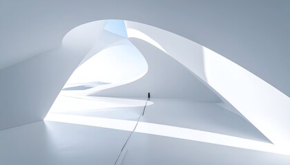 Fototapeta premium Modern, white, minimalist architecture with a person walking towards an open sky