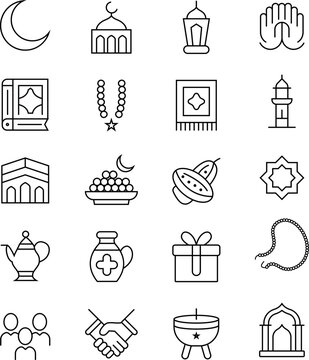 Ramadan Icons: A collection of Ramadan-related illustrations with line art, conveying the essence of the holy month. Featuring diverse symbolic elements, evoking reverence and joy. 
