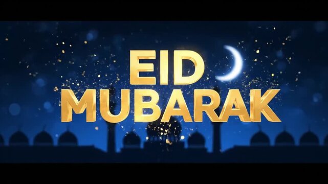 Eid Mubarak Golden Text Celebration Mosque Night Sky