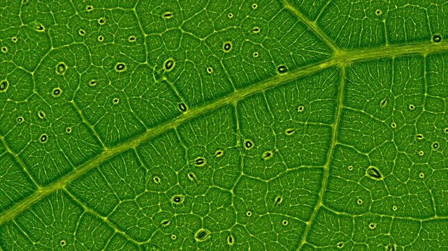 A detailed microscopic view of a vibrant green leaf cuticle reveals the complex network of plant veins and numerous dark stomata essential for photosynthesis and vital gas exchange, creating an