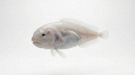 A pale, gelatinous deep-sea blobfish with a distinctive, somewhat sad expression, floating against a clean white background.