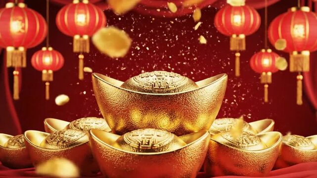 A vibrant image depicting traditional Chinese gold ingots and red lanterns, symbolizing prosperity and good fortune for celebrations like Chinese New Year.