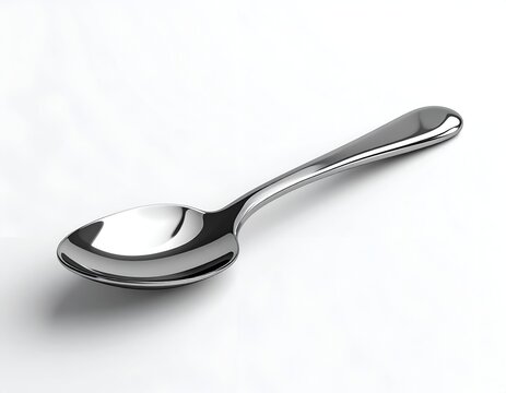Gleaming, angled close-up of a reflective, shiny metal spoon on a white background
