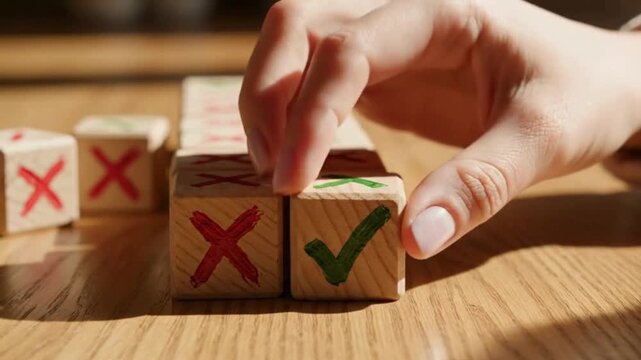 A hand places a wooden block with a green checkmark next to a block with a red X, symbolizing choice or decision.