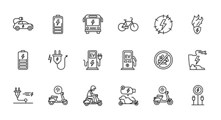 Obraz premium Clean energy transport icons pack showing electric vehicles, charging infrastructure, and power sources