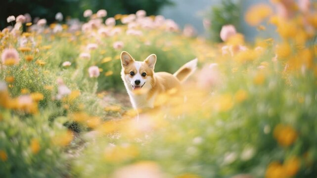 A low-angle video shot of a corgi in a vibrant flower field, capturing a dreamy, whimsical vibe. Live desktop wallpaper.
