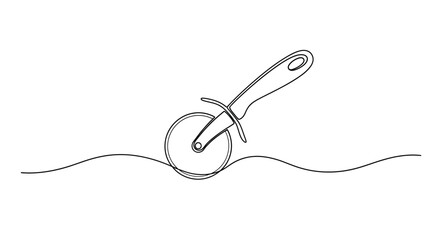 Obraz premium Single line drawing of a pizza cutter on a wavy line.