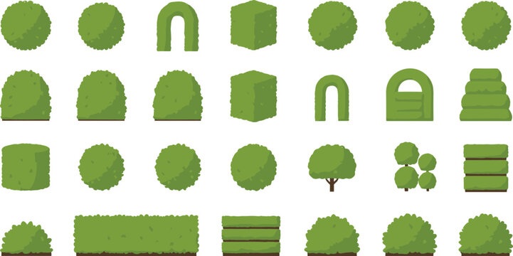 Cartoon garden bushes and hedge elements set featuring various shrub shapes, topiary forms, green plants, and landscape design assets