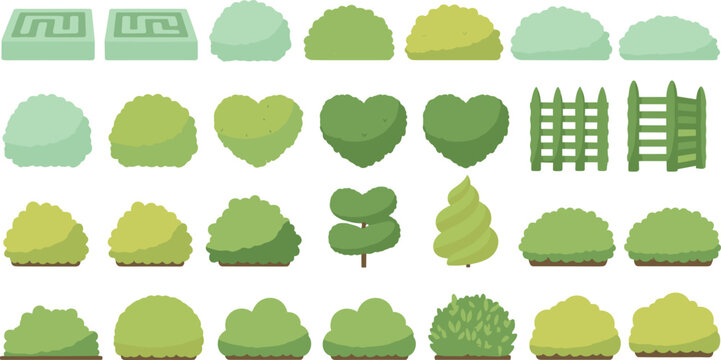 Cartoon garden bushes and hedge elements set featuring heart shaped shrubs, green plants, fences, and decorative landscape design assets