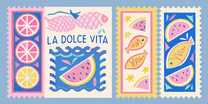 Colorful postage stamps featuring fruit fish and the phrase la dolce vita