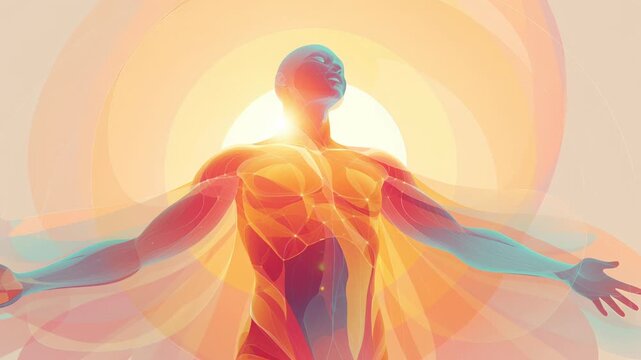 Longevity vitality energy life concept illustration, abstract human form radiating balanced energy and vitality, warm natural light, clean modern composition, optimistic and healthy mood, premium 